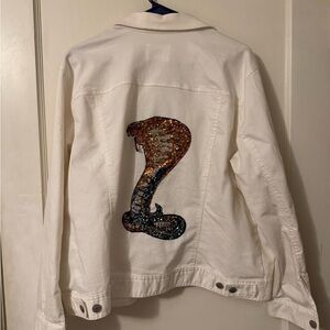 Badass White Jean Jacket with Sequin Cobra Snake
